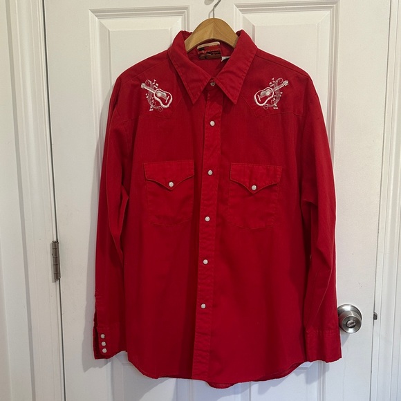 Vintage Other - Vintage Red Long Sleeve Snap Button Down Shirt with Western Embroidery - Size XL